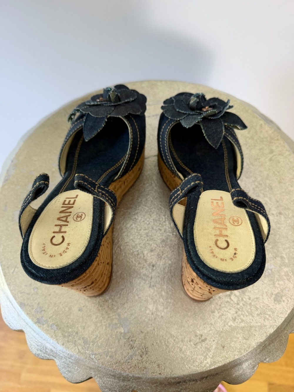 CHANEL - Blue Denim Camellia Cork Platform Slingback Wedges - Picture 6 of 11